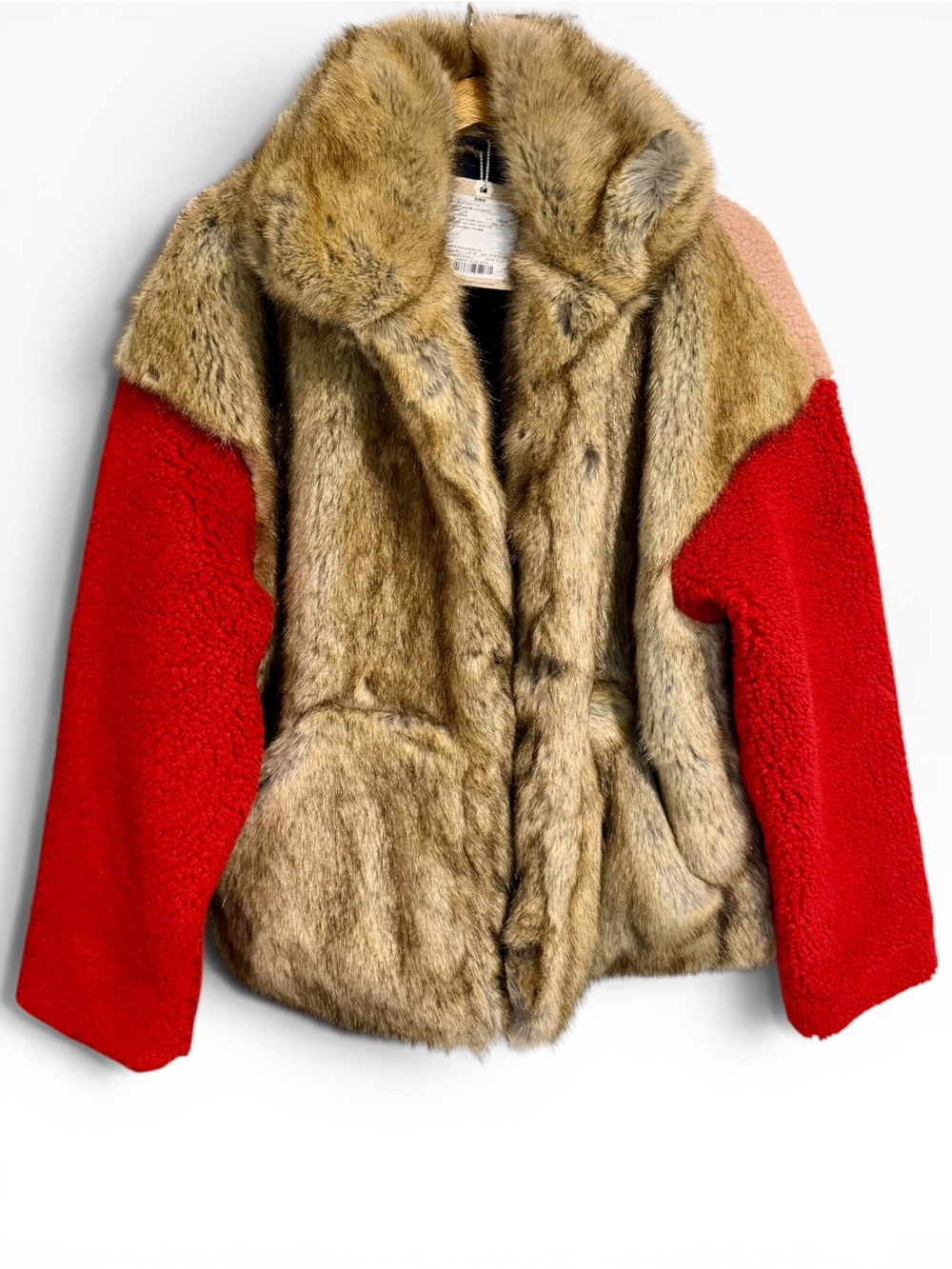 AlphaStyle Vegan Fur Color Block Sherpa Puffer Jacket Khaki Red Blush Size Large - Picture 4 of 8